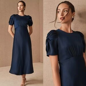 Anthropologie BHLDN Leyden Satin Midi Dress in Navy | 8